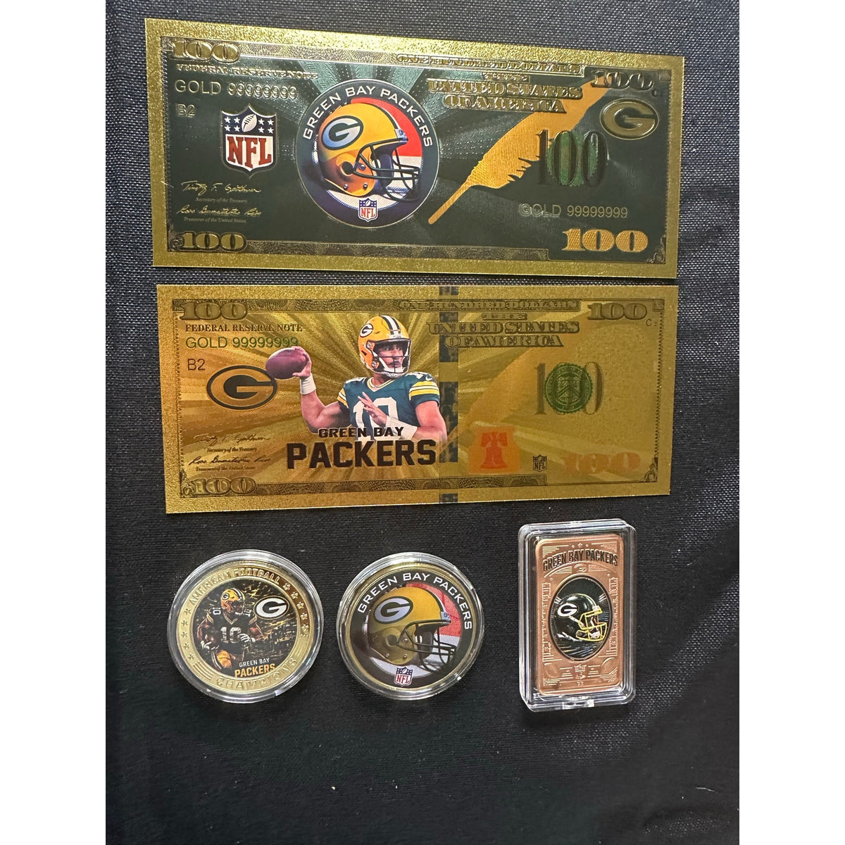 Green Bay Packers 5 Piece Collectible Set Gold Foil Notes Coins and Bar