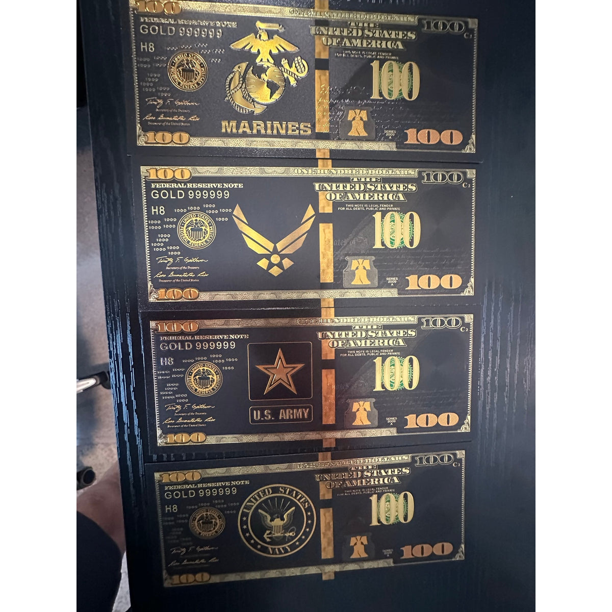 US Military 4 Piece Black and Gold Foil Novelty Note Set Army Navy Marines USAF