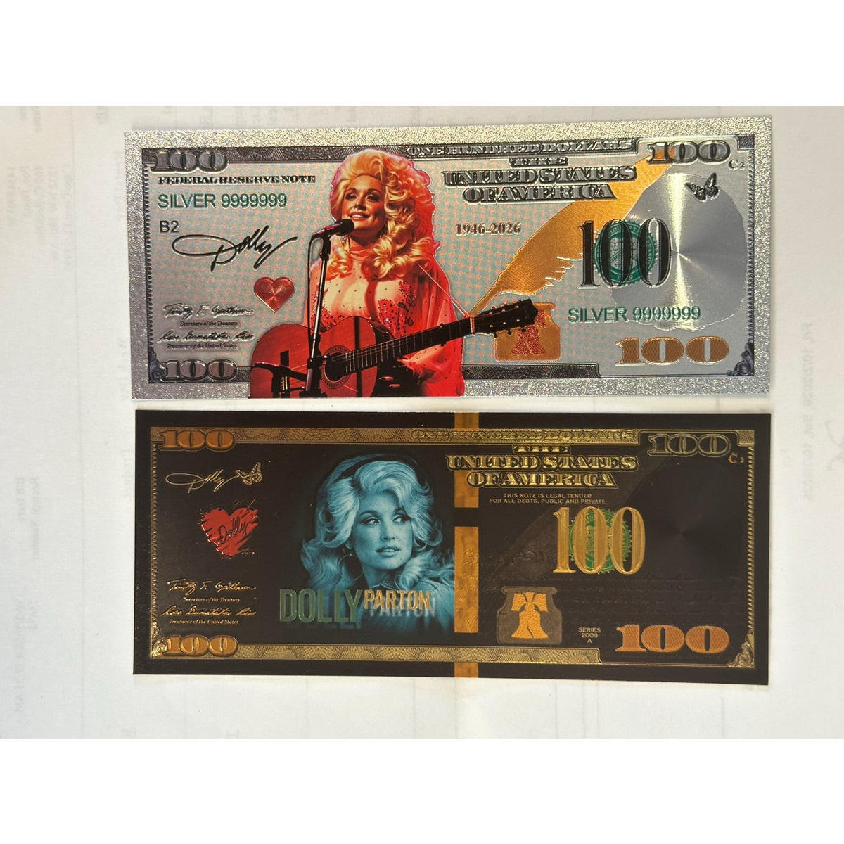 Dolly Parton Gold & Silver Tone Foil $100 Novelty Notes 2 Piece Set