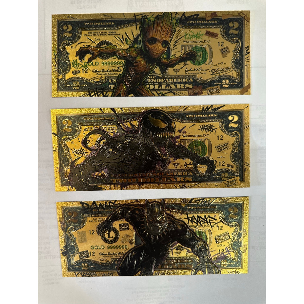 Marvel Groot Venom Black Panther Gold Foil Novelty Notes 3 Piece Set