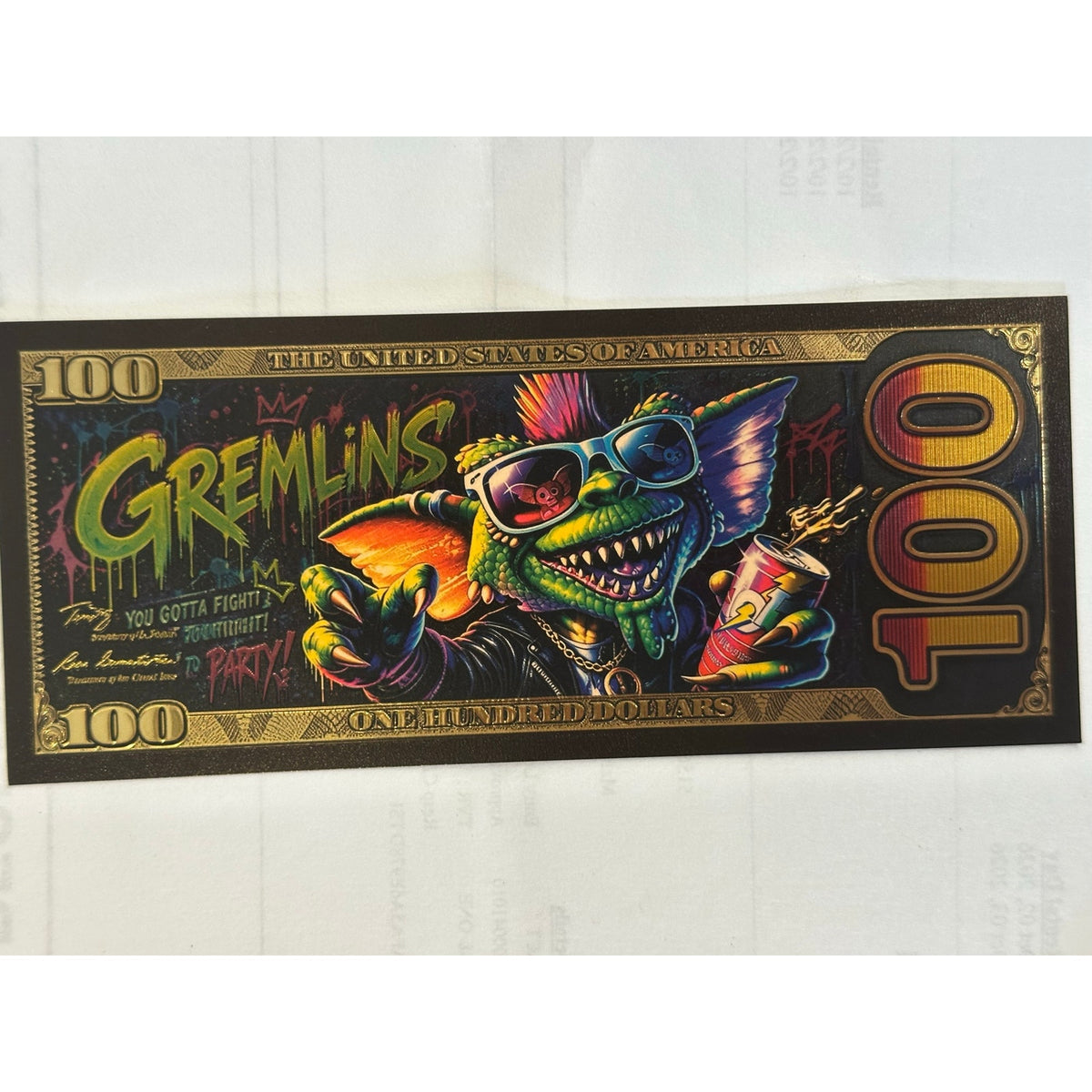 Gremlins Graffiti Gold Foil $100 Novelty Collectible Note