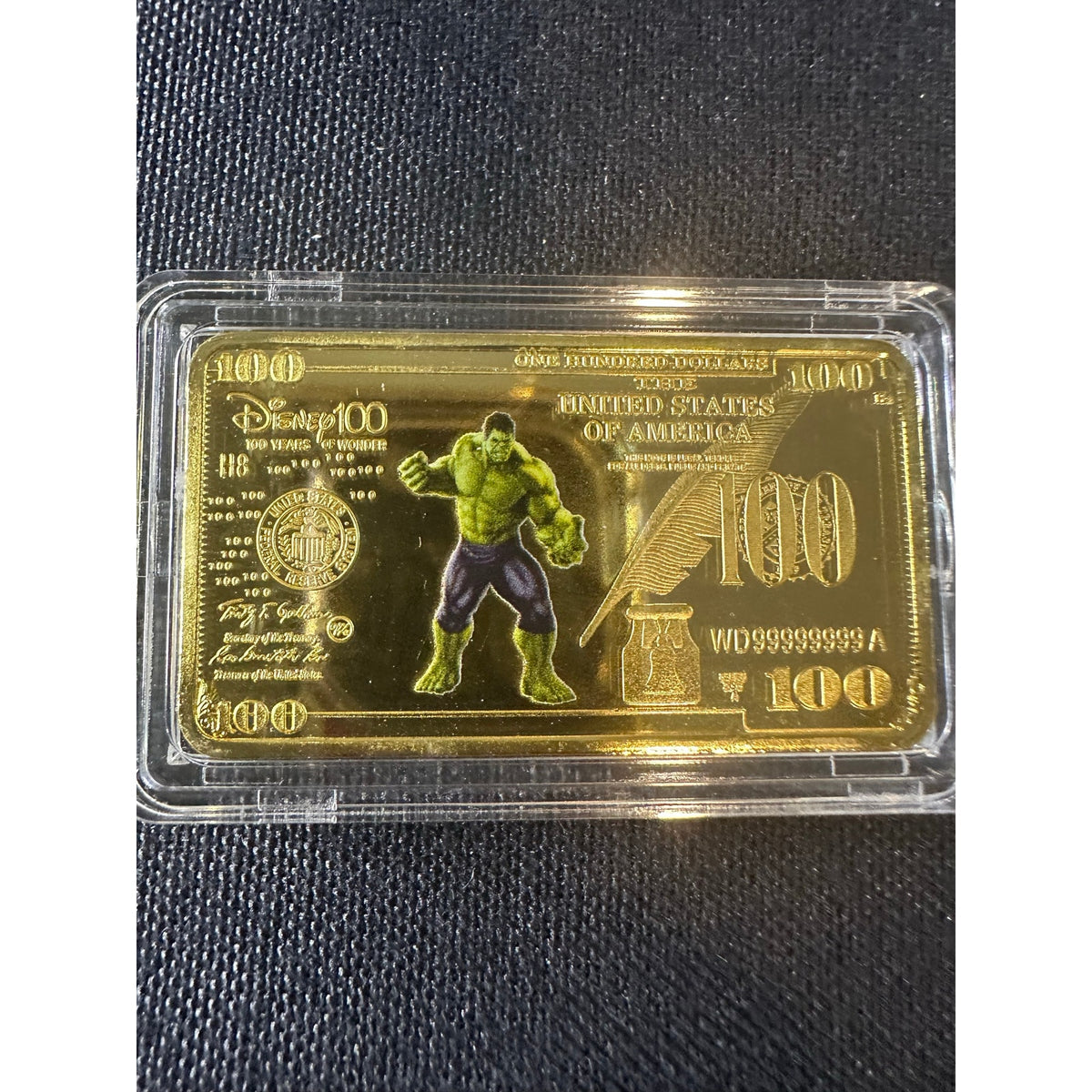 Disney 100 Years of Wonder Hulk Gold Plated Collectible $100 Banknote Bar