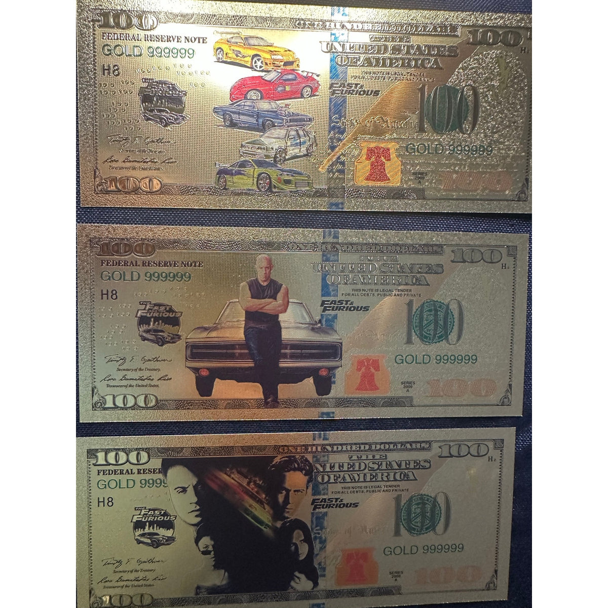 Fast and Furious Gold Foil $100 Bills 3 Piece Collectible Set Movie Cars