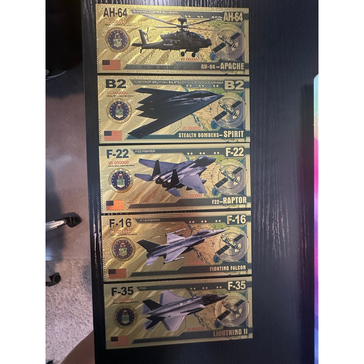 Military Aircraft 5 Piece Gold Foil Novelty Note Set Jets Apache B2