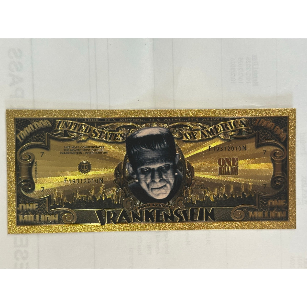 Frankenstein Boris Karloff Gold Foil Million Dollar Novelty Note