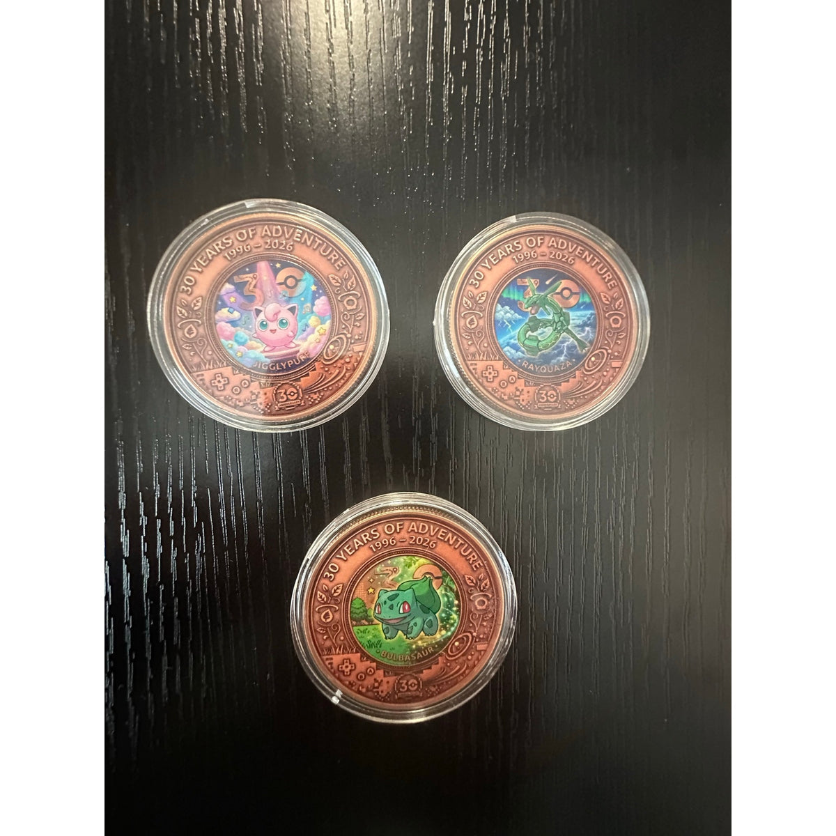Pokemon 30th Anniversary 3 Coin Copper Set Jigglypuff Rayquaza Bulbasaur