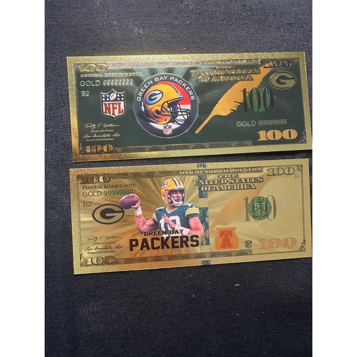Green Bay Packers NFL Gold Foil $100 Bills 2 Piece Collectible Set Football